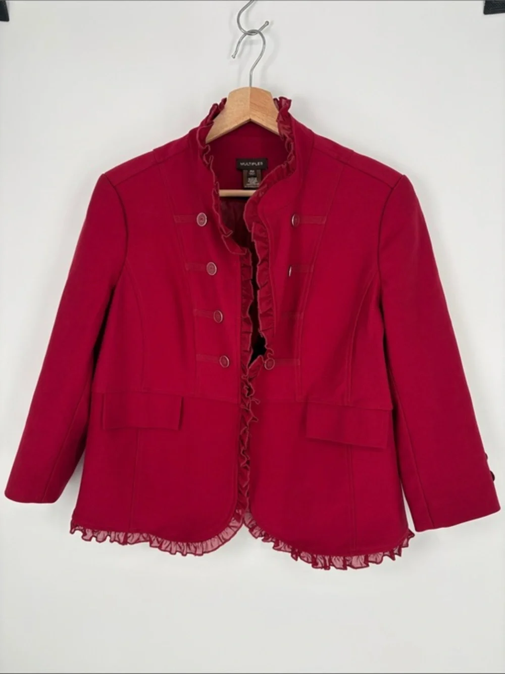 🍔 Multiples knit Ruffled Trim Red Blazer Jacket bracelet, length sleeves.